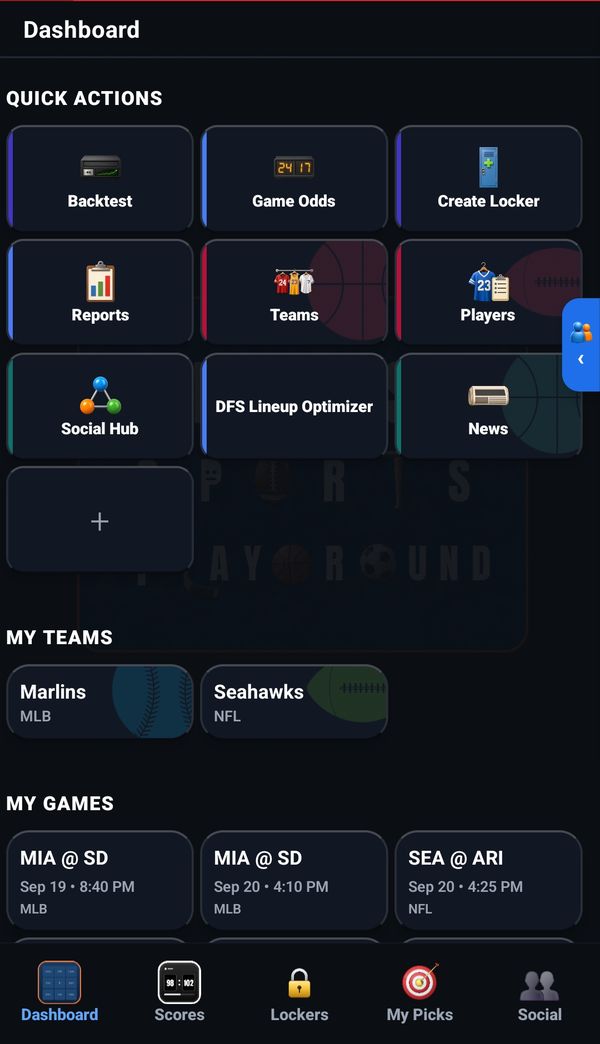 The Mac's Sports Playground dashboard with quick actions, your teams and your games