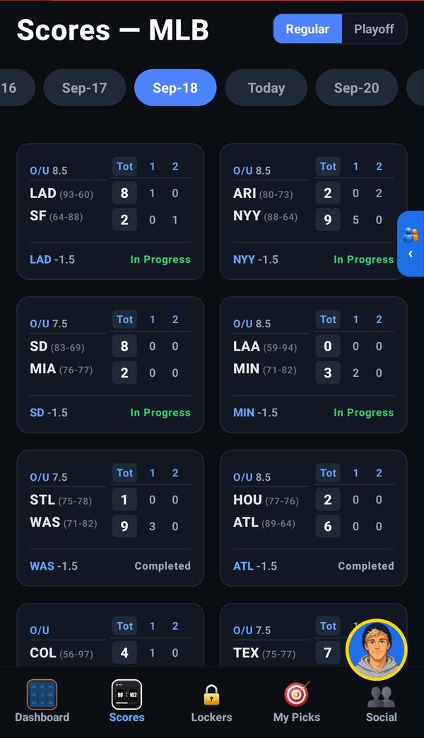 The MLB scores board with in-progress and completed games